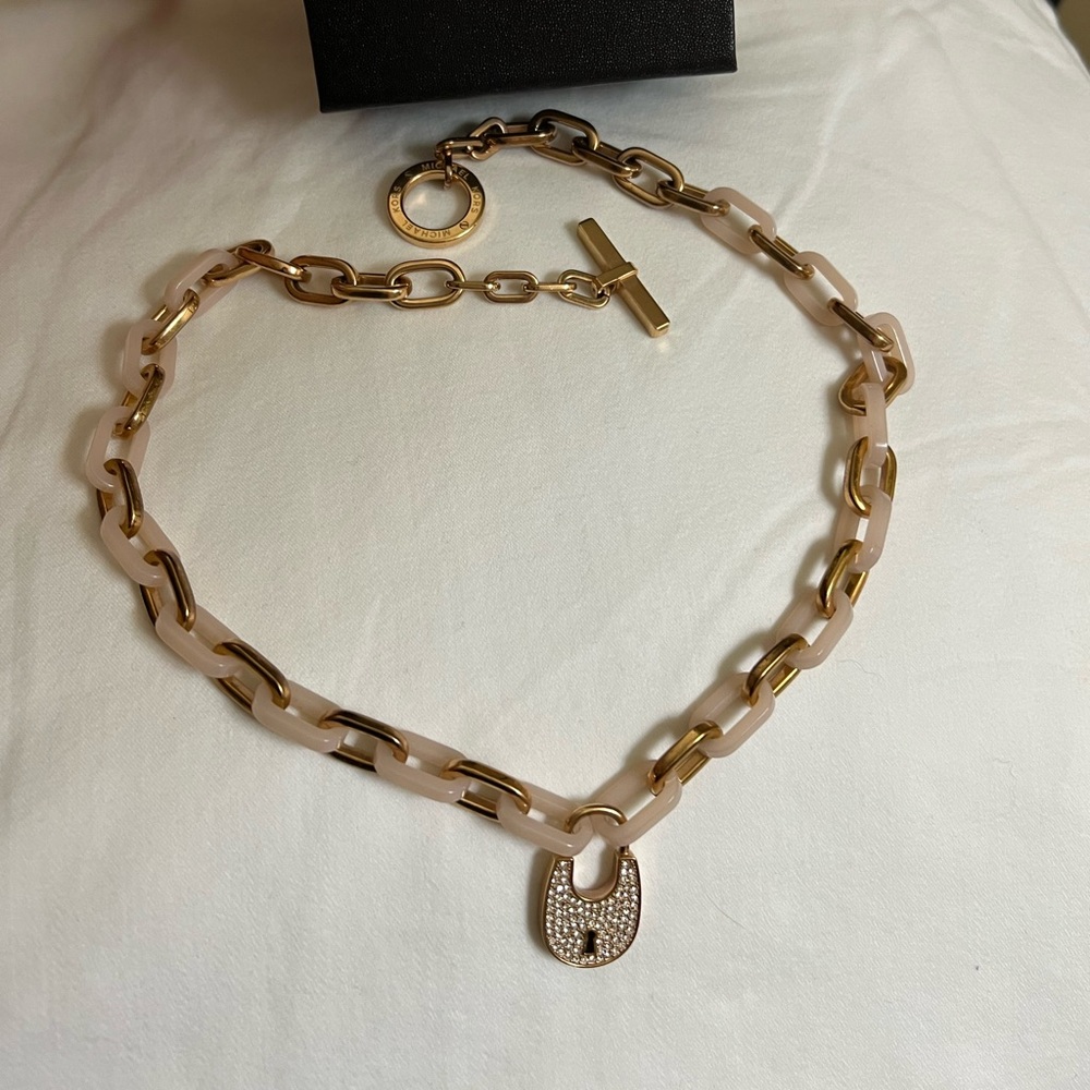 Michael Kors Gold and Pink Necklace with Chain-Link Design and Padlock Pendant